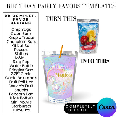 Magical Unicorn Birthday Party Favor Templates