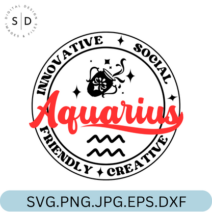 Aquarius Zodiac Sign Round Frame Retro SVG