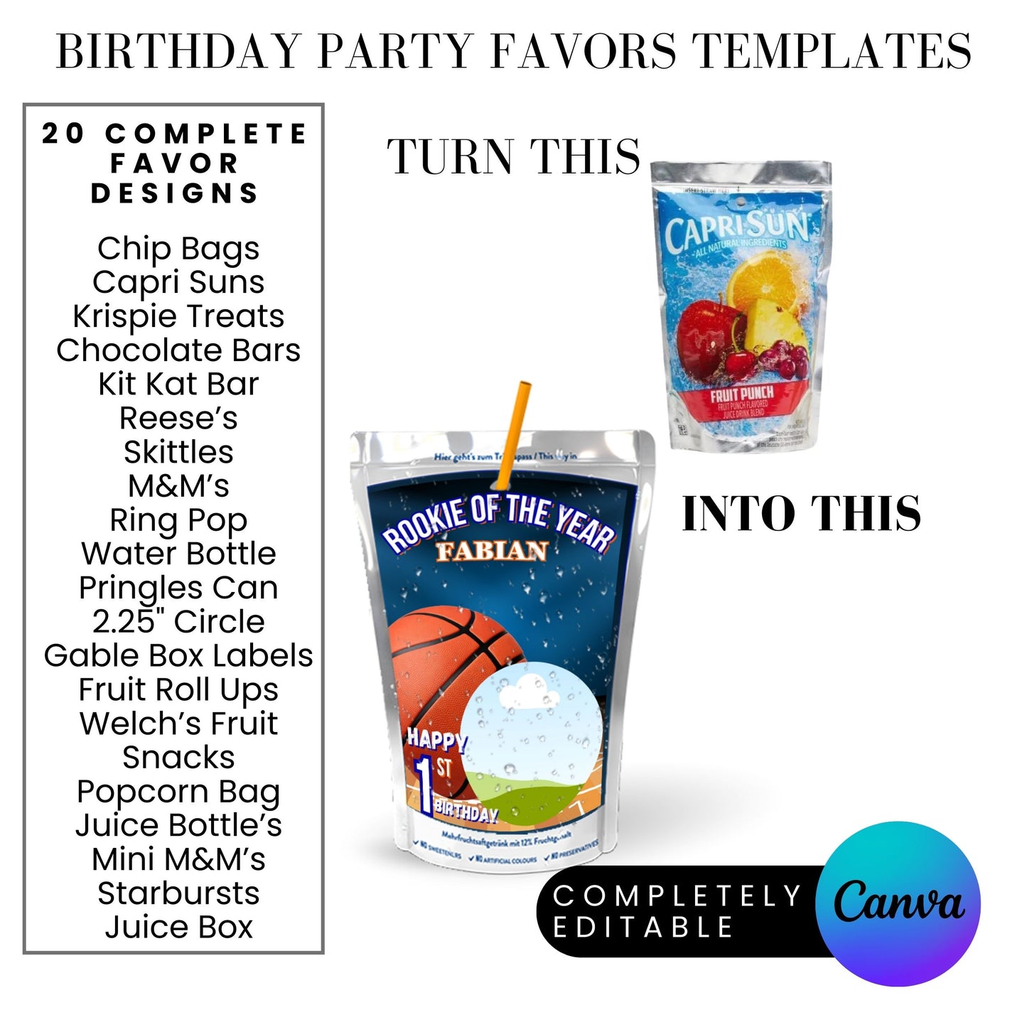 Rookie of The year Basketball Birthday Party Favor Templates Bundle
