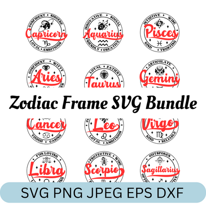 Zodiac Sign Round Frame Retro SVG Bundle