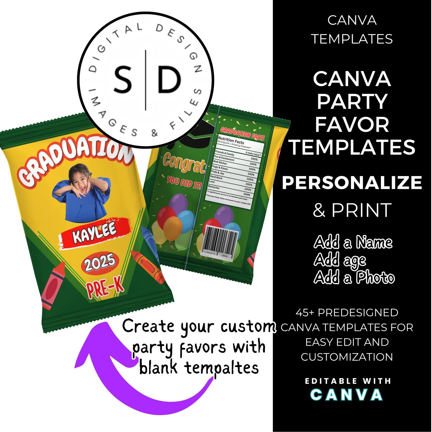 🎓 Crayon Graduation Party Favor Canva Template Bundle
