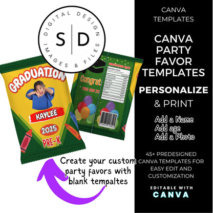 🎓 Crayon Graduation Party Favor Canva Template Bundle