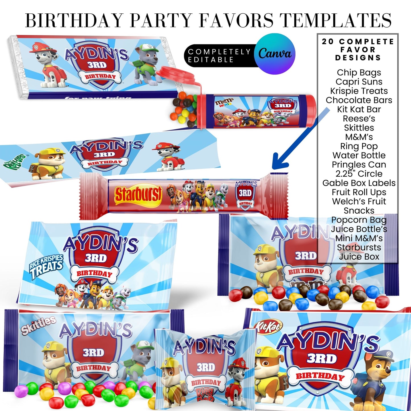Blue Puppy Patrol Birthday Party Favor Templates Bundle