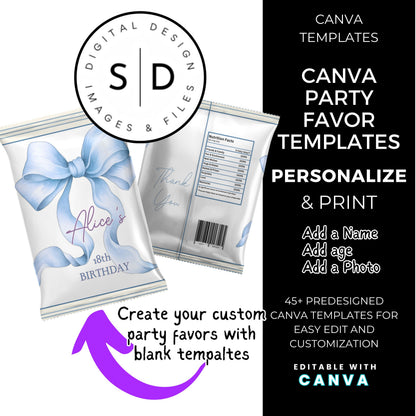 Dusty Blue Coquette Bow Party Favor Canva Template Bundle ✨