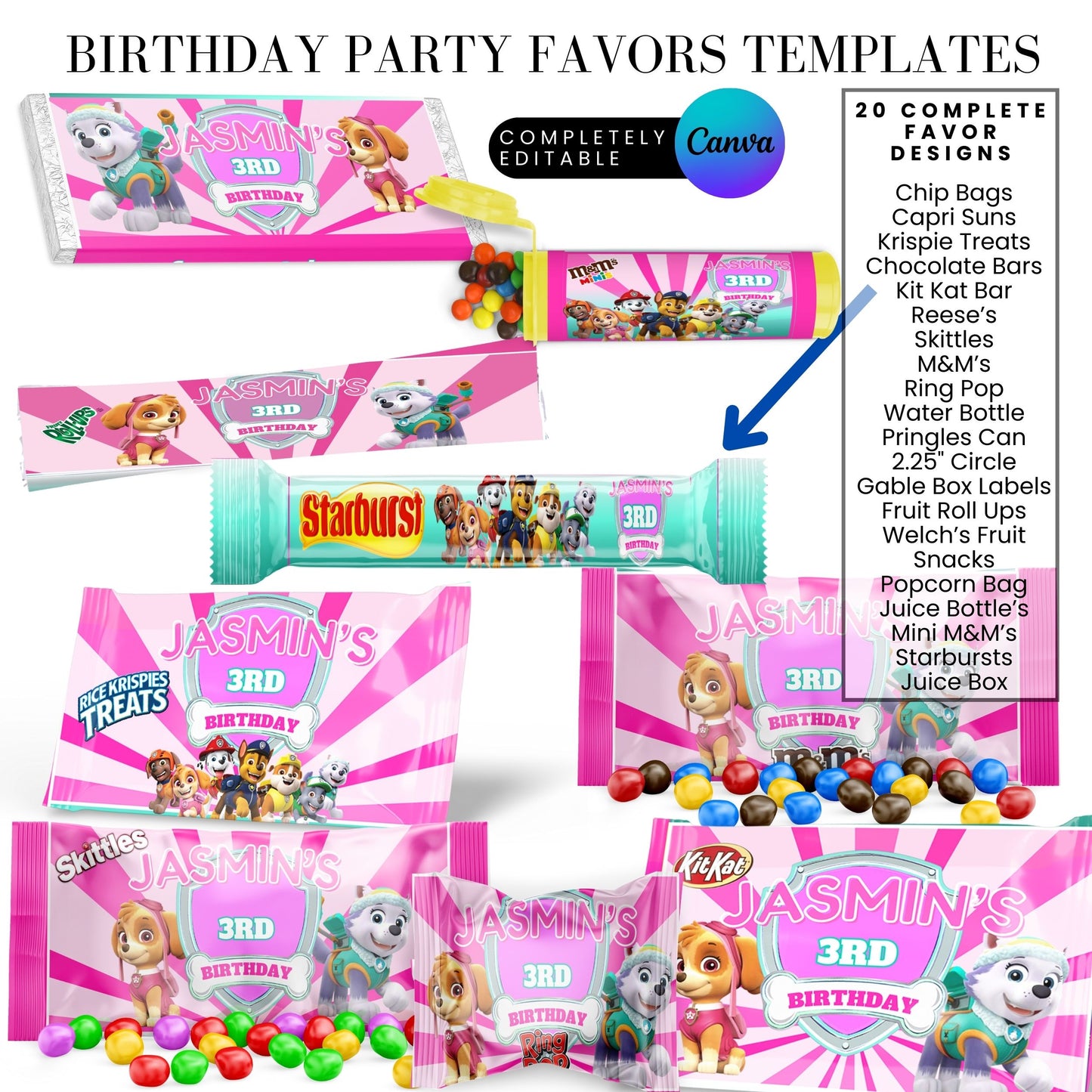 Pink Puppy Patrol Birthday Party Favor Templates Bundle