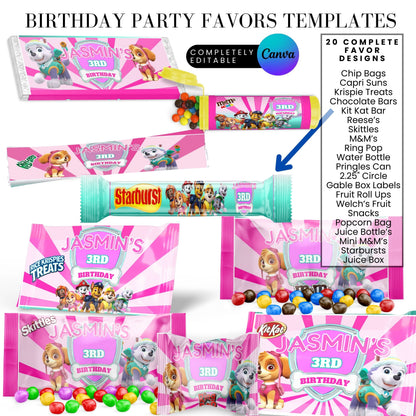 Pink Puppy Patrol Birthday Party Favor Templates Bundle