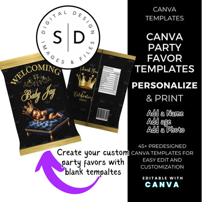 Welcoming Little Prince Baby Shower Canva Templates Bundle