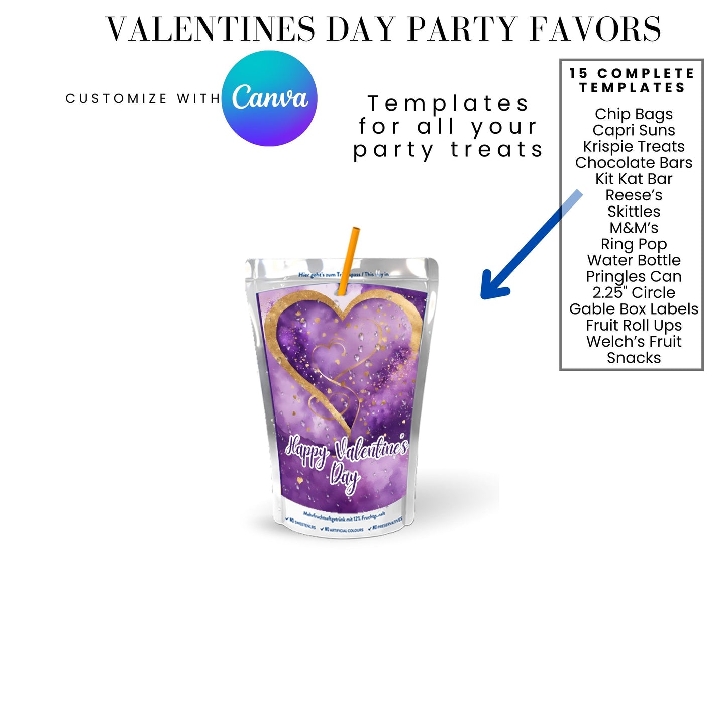 Purple Gold Valentines Party Favors Templates Bundle