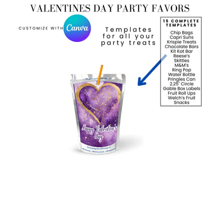 Purple Gold Valentines Party Favors Templates Bundle