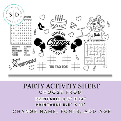Afro Puff Fashion Doll Birthday Party Activity Sheet
