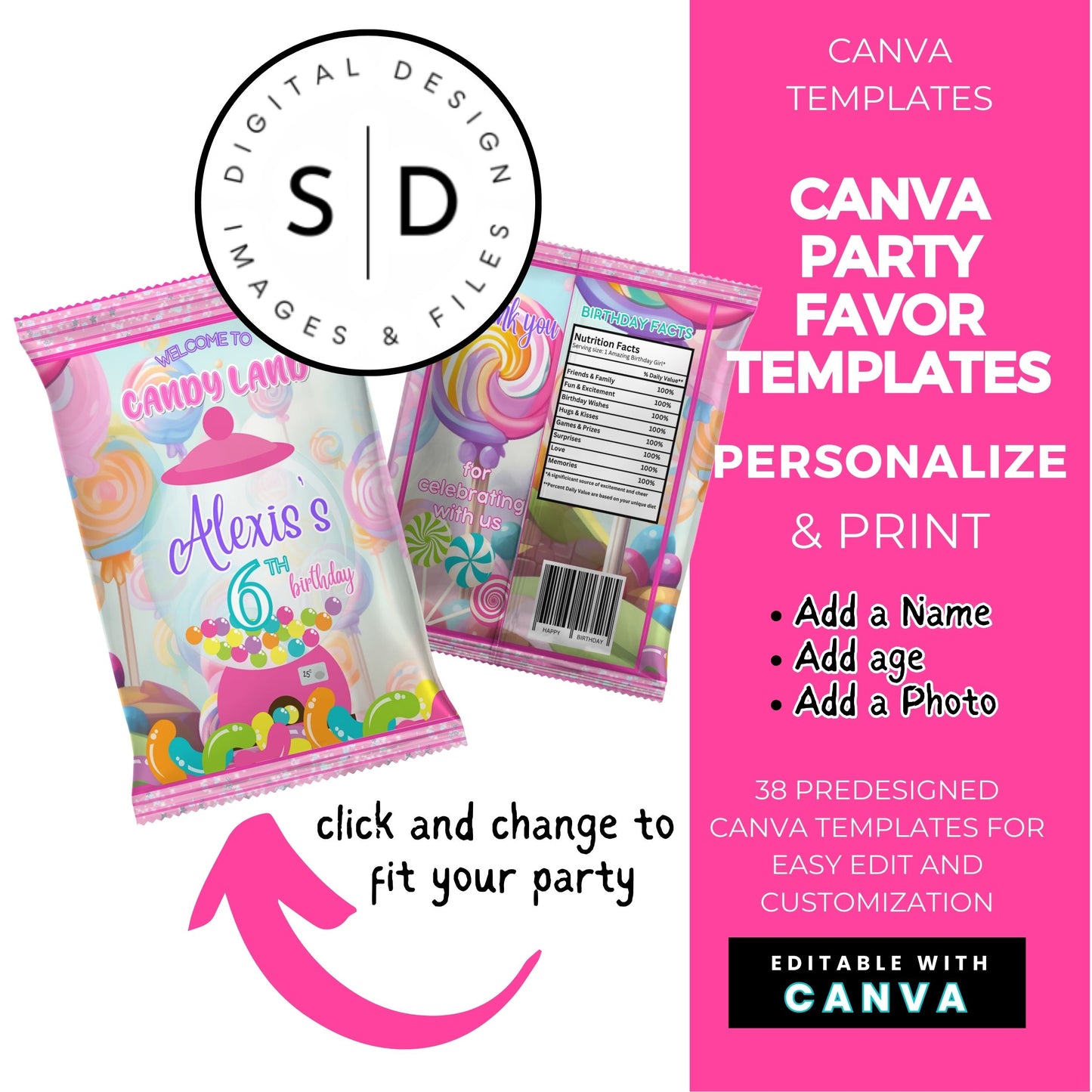 Candy Land Sweets Birthday Party Favor Templates