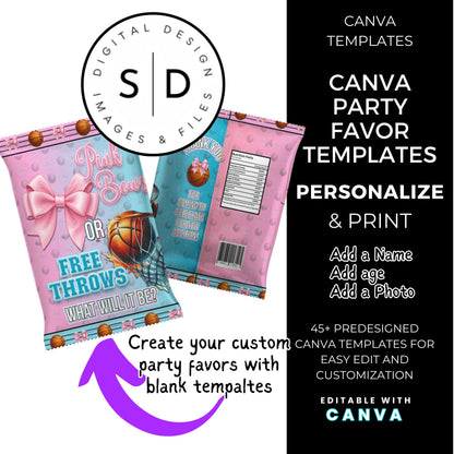 Pink Bows or Free Throws Gender Reveal Party Favor Canva Template Bundle