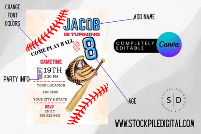 Come Play Ball Baseball Birthday Party Invitation
