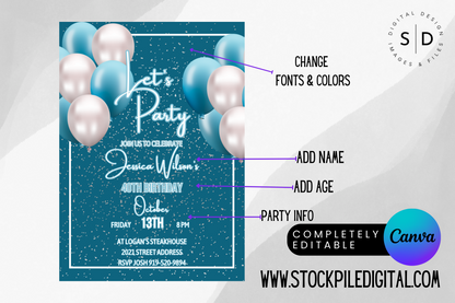 Let's Party birthday party invitation (Blue & Silver)