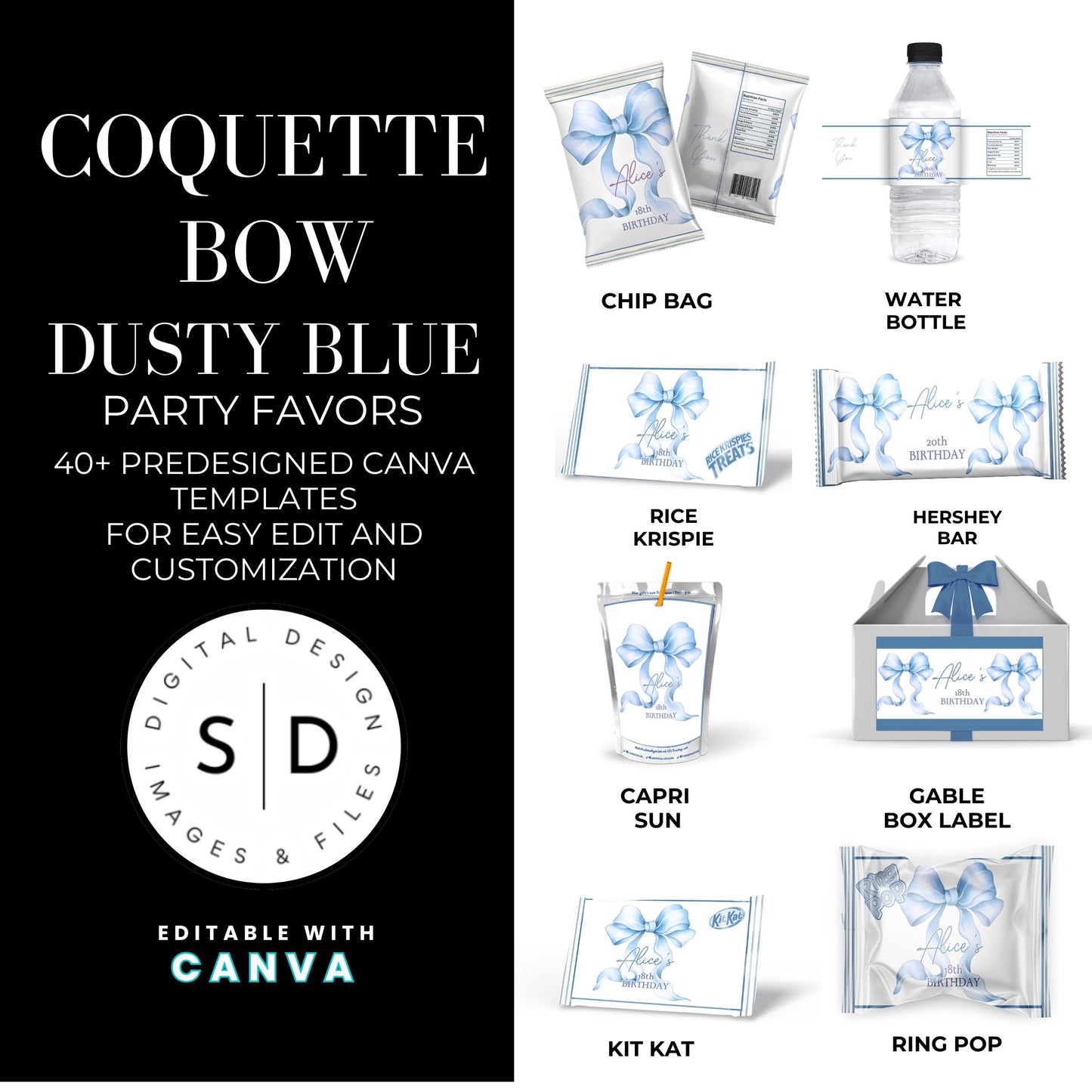 Dusty Blue Coquette Bow Party Favor Canva Template Bundle ✨