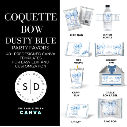 Dusty Blue Coquette Bow Party Favor Canva Template Bundle ✨