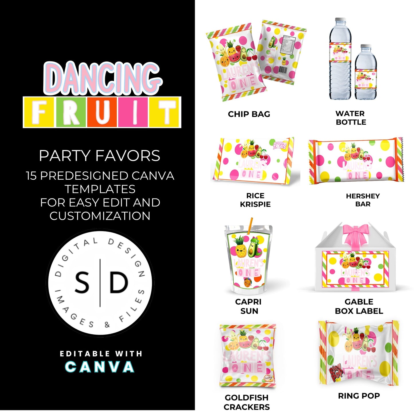 Dancing Fruit Pink Party Favor Templates Bundle