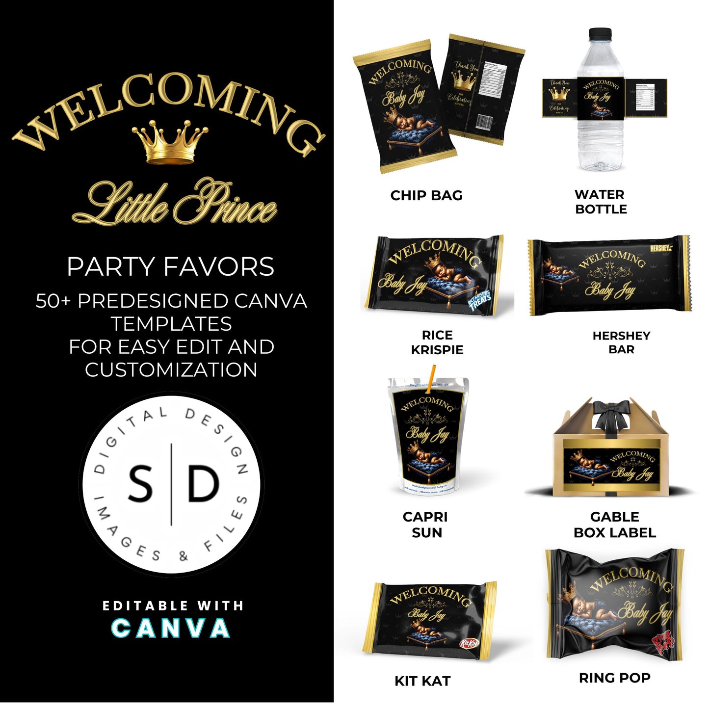 Welcoming Little Prince Baby Shower Canva Templates Bundle