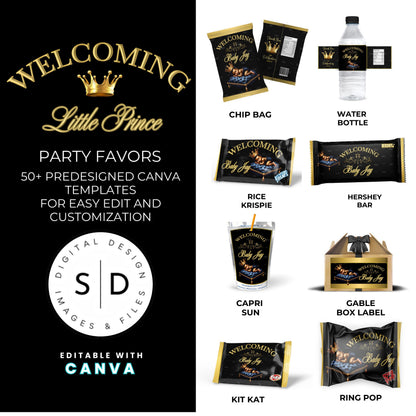 Welcoming Little Prince Baby Shower Canva Templates Bundle