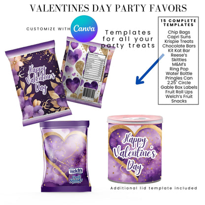 Purple Gold Valentines Party Favors Templates Bundle