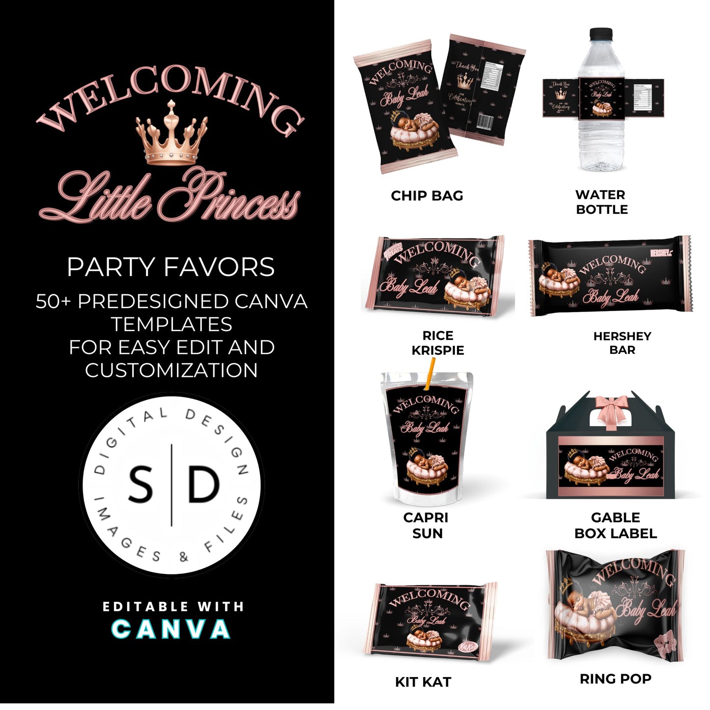 Welcoming Little Princess Baby Shower Canva Templates Bundle