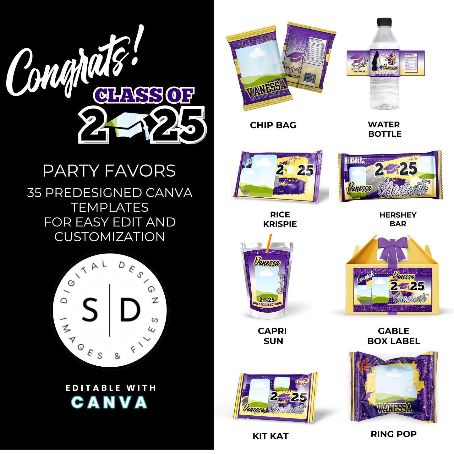 Congrats Class of 2025 – Purple & Yellow Graduation Party Favor Bundle