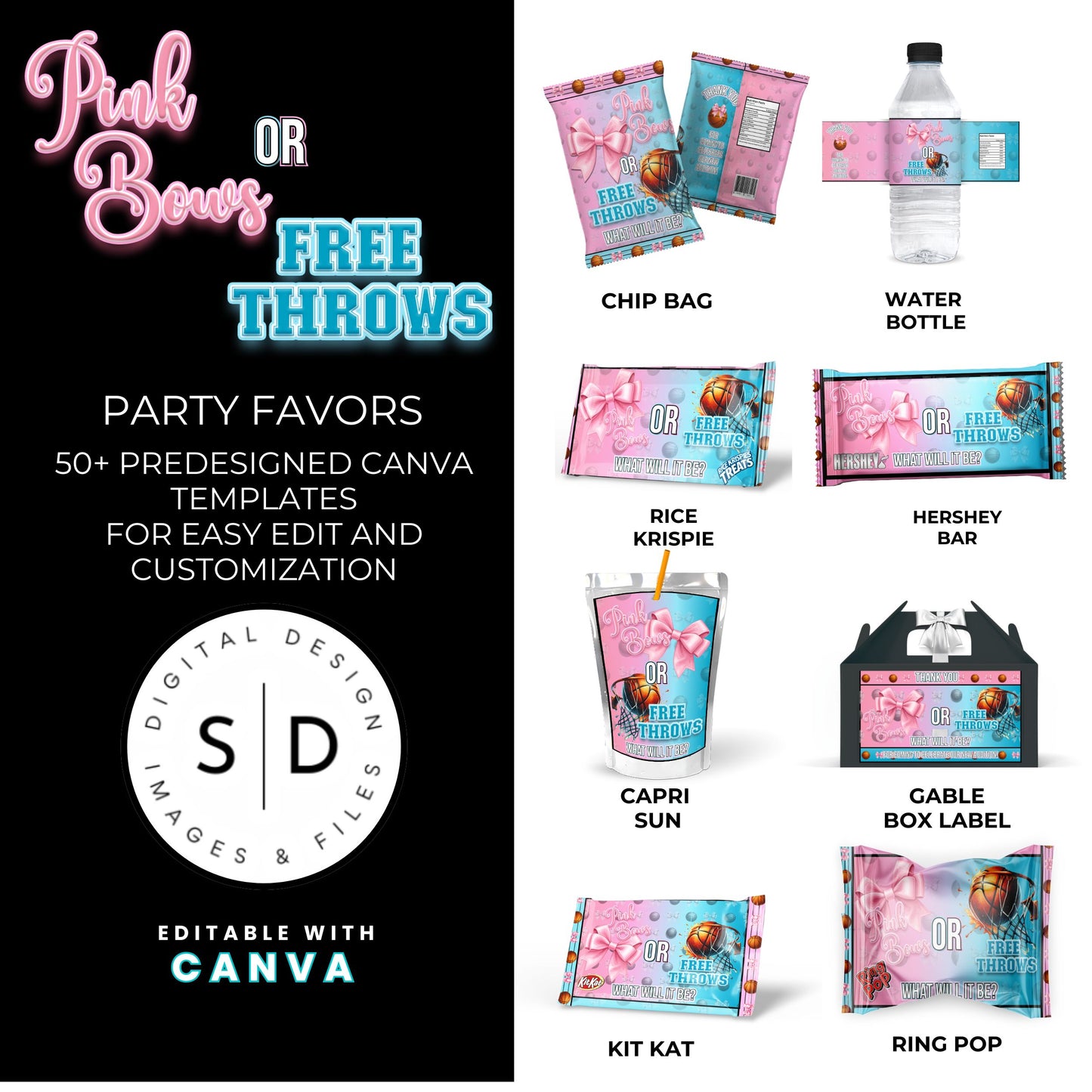 Pink Bows or Free Throws Gender Reveal Party Favor Canva Template Bundle