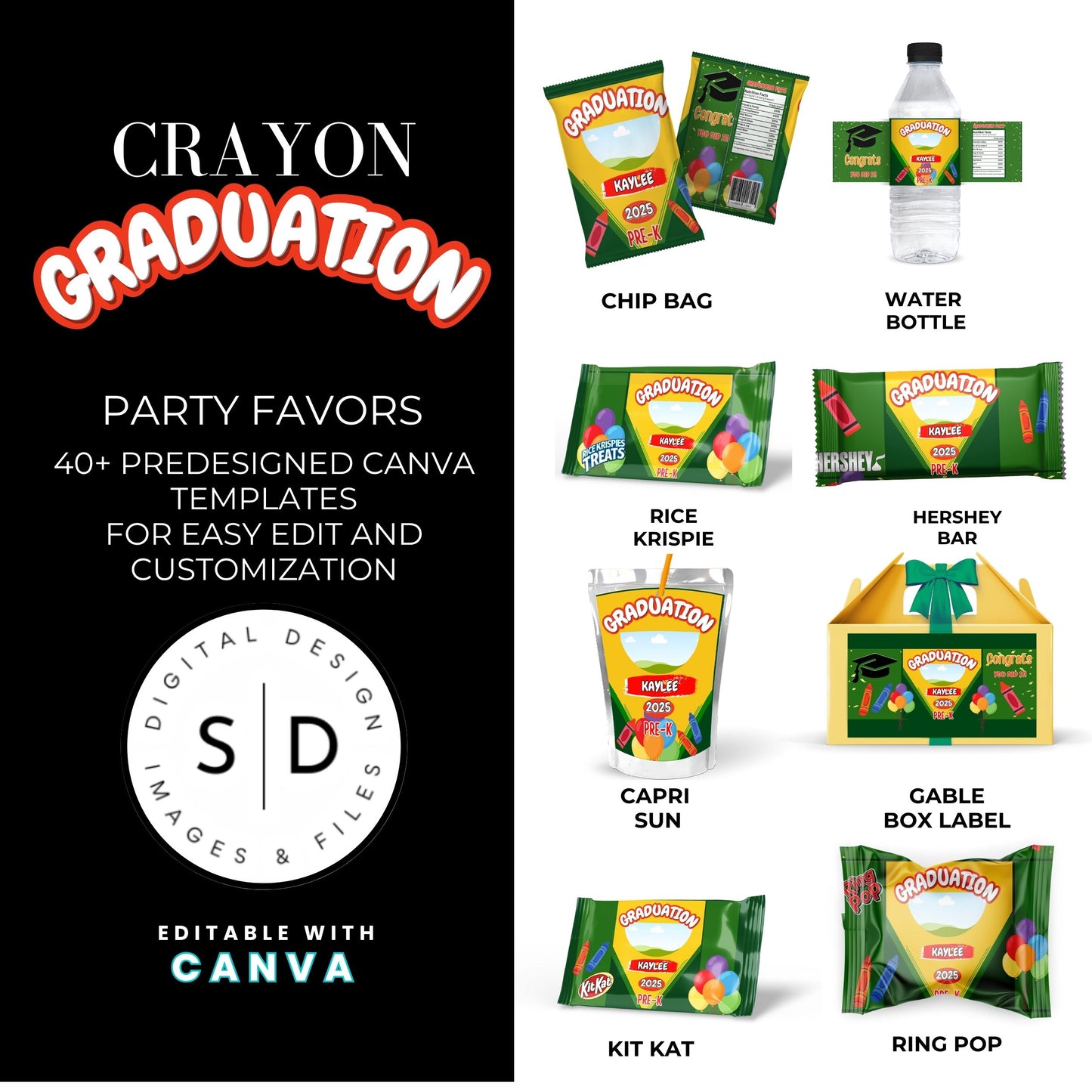 🎓 Crayon Graduation Party Favor Canva Template Bundle