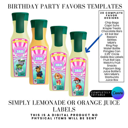 Pink Puppy Patrol Birthday Party Favor Templates Bundle
