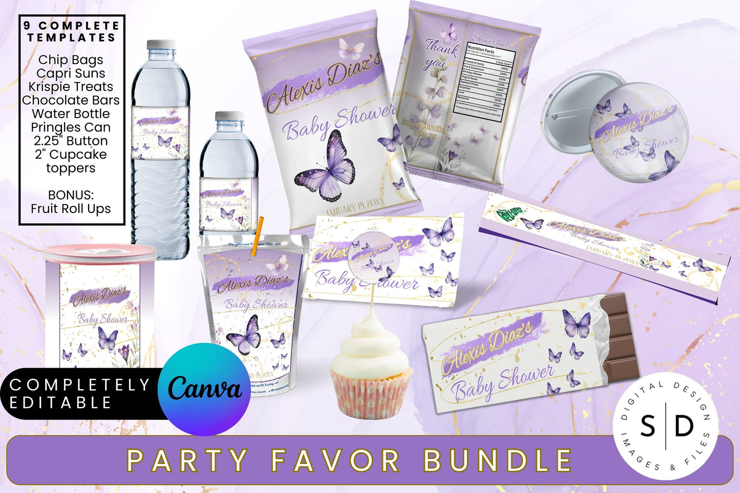 Purple Watercolor Butterfly Baby Shower Bundle