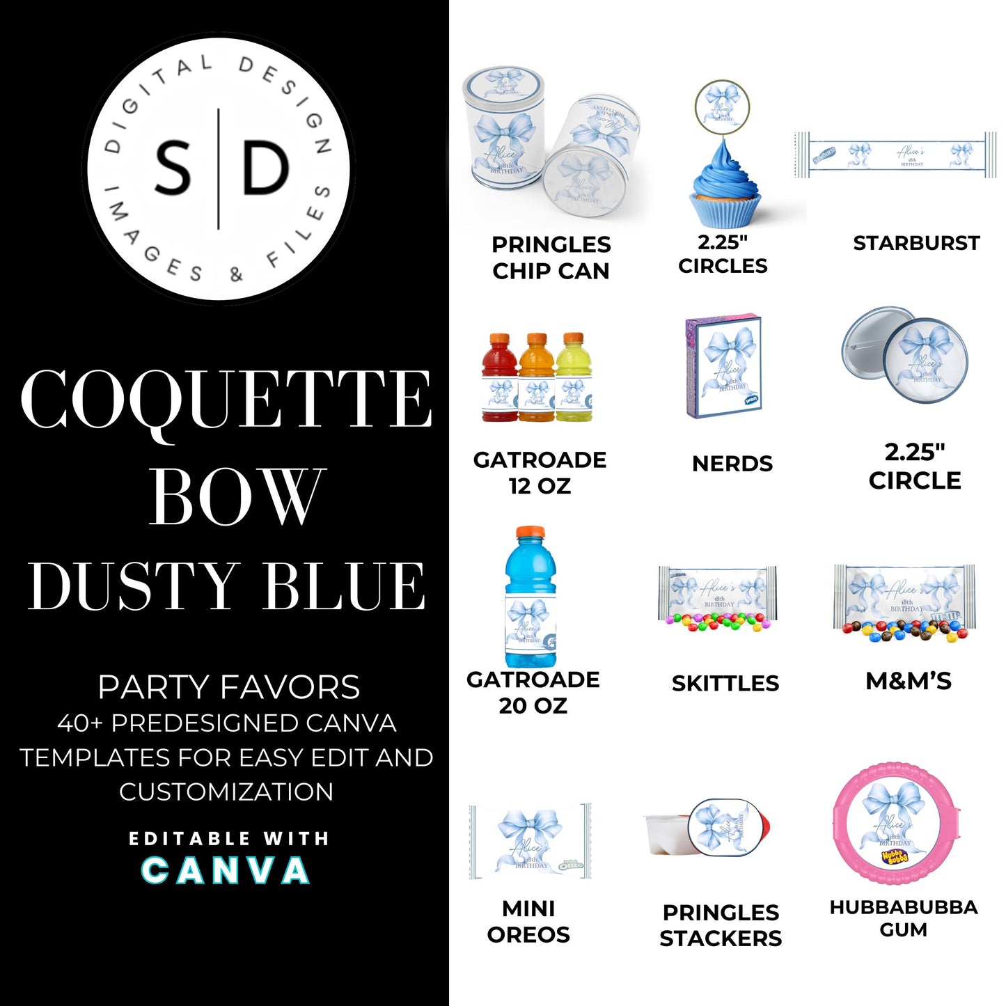 Dusty Blue Coquette Bow Party Favor Canva Template Bundle ✨