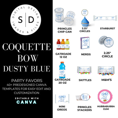 Dusty Blue Coquette Bow Party Favor Canva Template Bundle ✨