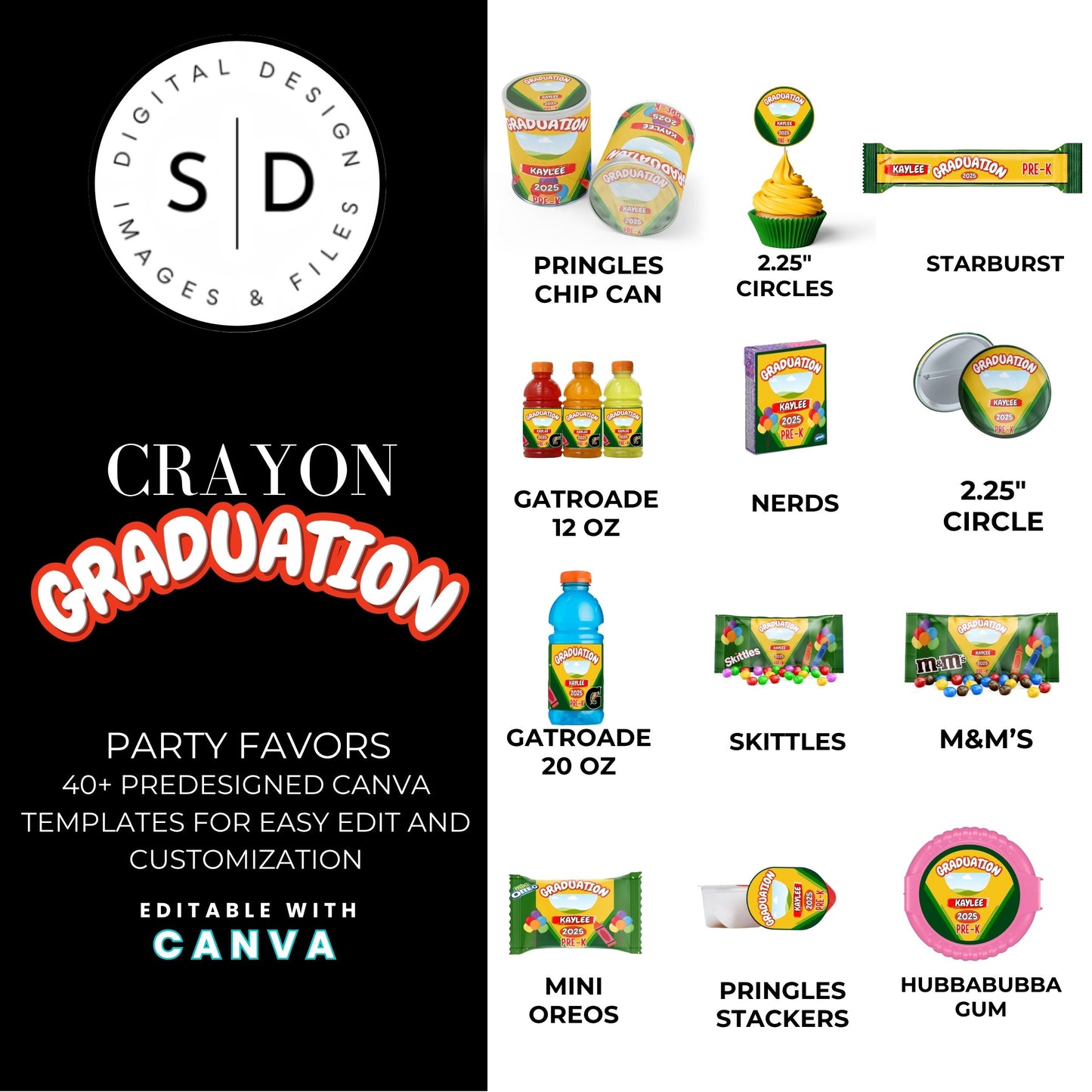 🎓 Crayon Graduation Party Favor Canva Template Bundle