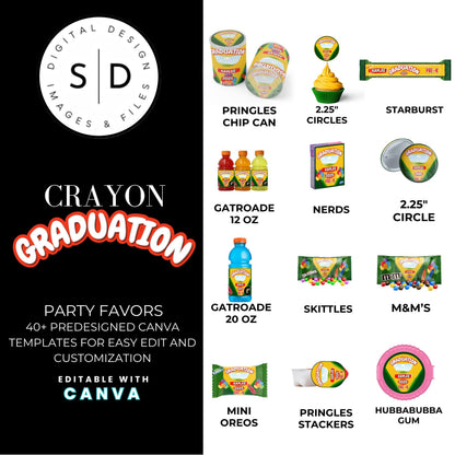 🎓 Crayon Graduation Party Favor Canva Template Bundle