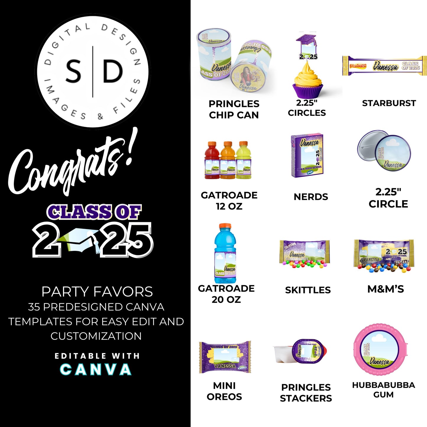 Congrats Class of 2025 – Purple & Yellow Graduation Party Favor Bundle