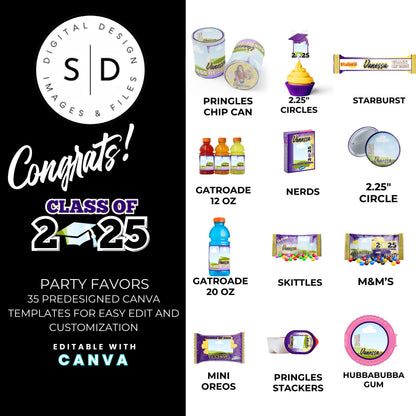 Congrats Class of 2025 – Purple & Yellow Graduation Party Favor Bundle