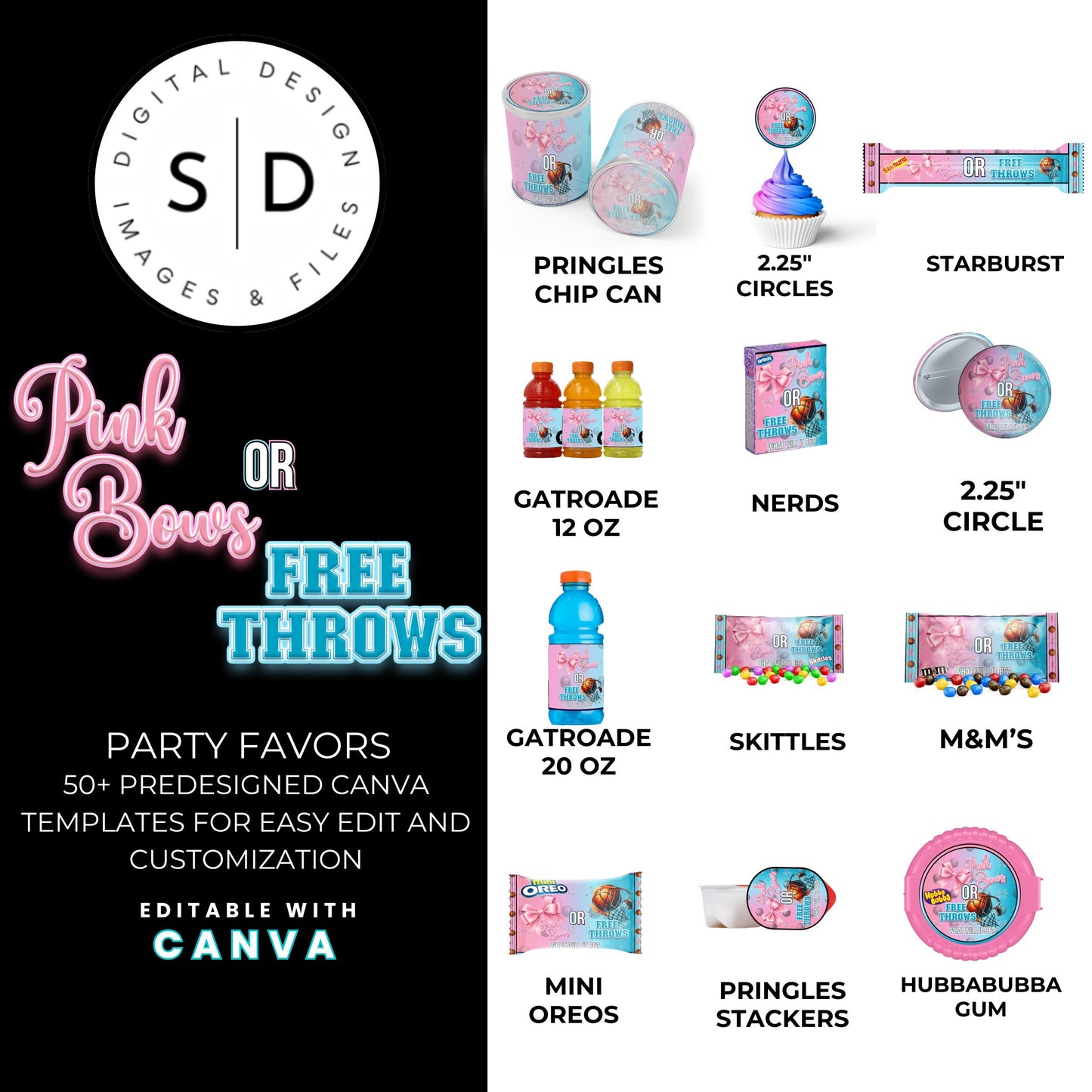 Pink Bows or Free Throws Gender Reveal Party Favor Canva Template Bundle