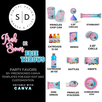 Pink Bows or Free Throws Gender Reveal Party Favor Canva Template Bundle