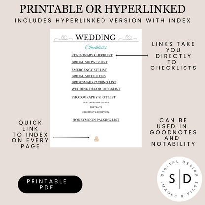 Wedding Planner Checklists Printable and Hyperlinked