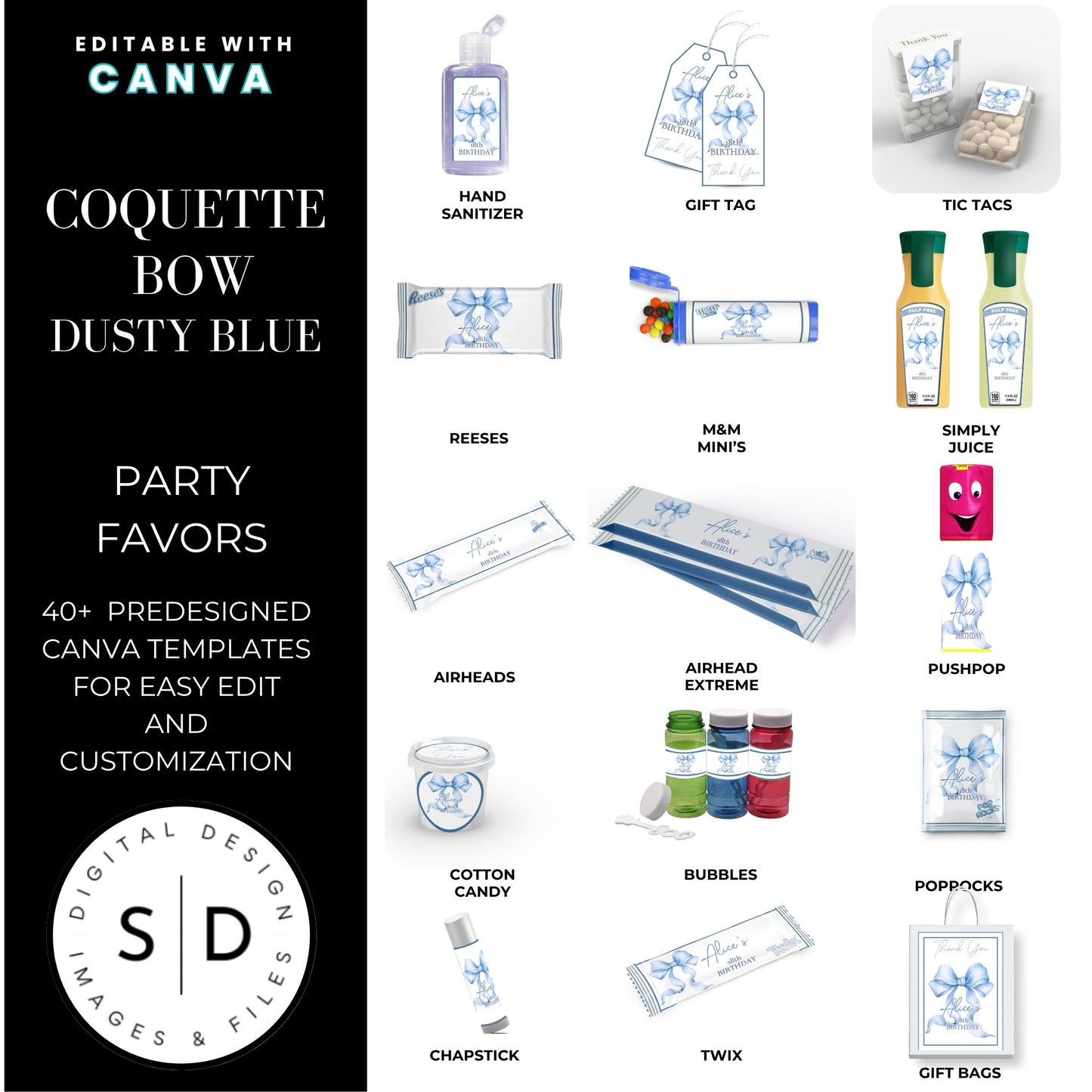 Dusty Blue Coquette Bow Party Favor Canva Template Bundle ✨