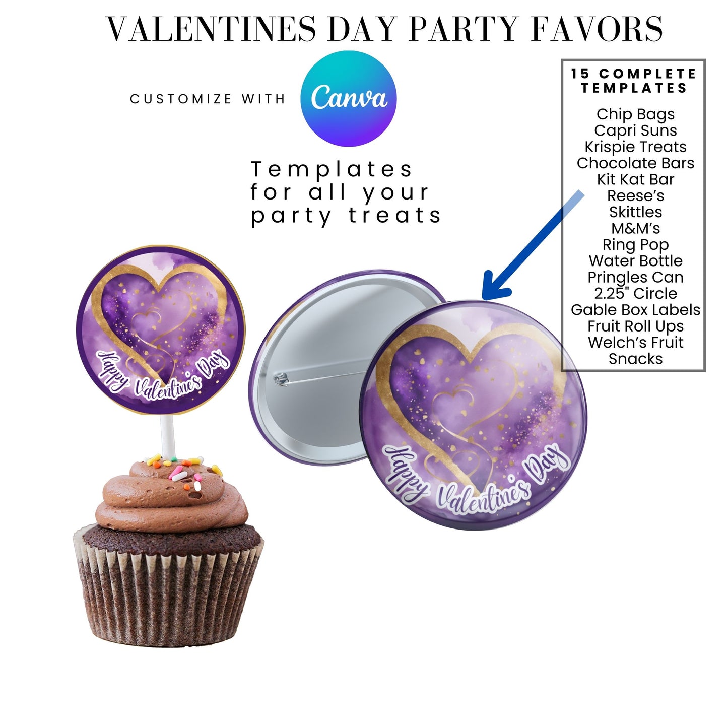 Purple Gold Valentines Party Favors Templates Bundle
