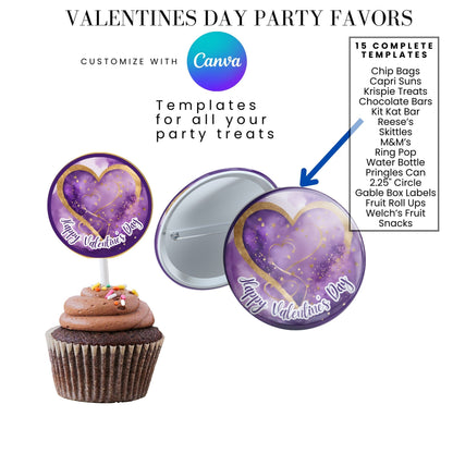 Purple Gold Valentines Party Favors Templates Bundle