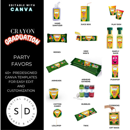 🎓 Crayon Graduation Party Favor Canva Template Bundle