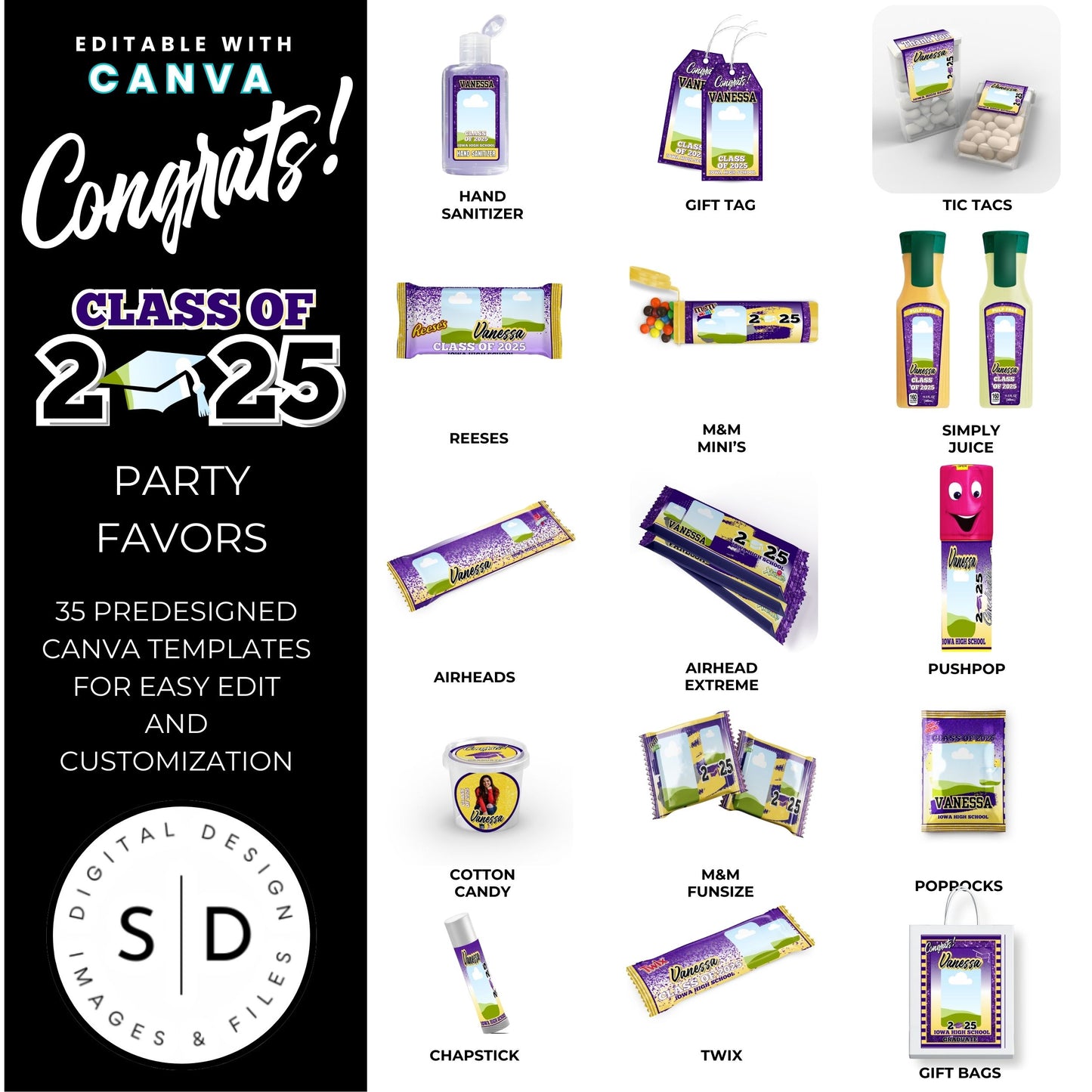 Congrats Class of 2025 – Purple & Yellow Graduation Party Favor Bundle