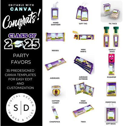 Congrats Class of 2025 – Purple & Yellow Graduation Party Favor Bundle