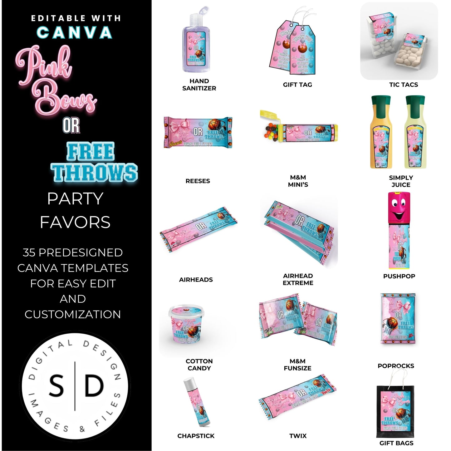 Pink Bows or Free Throws Gender Reveal Party Favor Canva Template Bundle