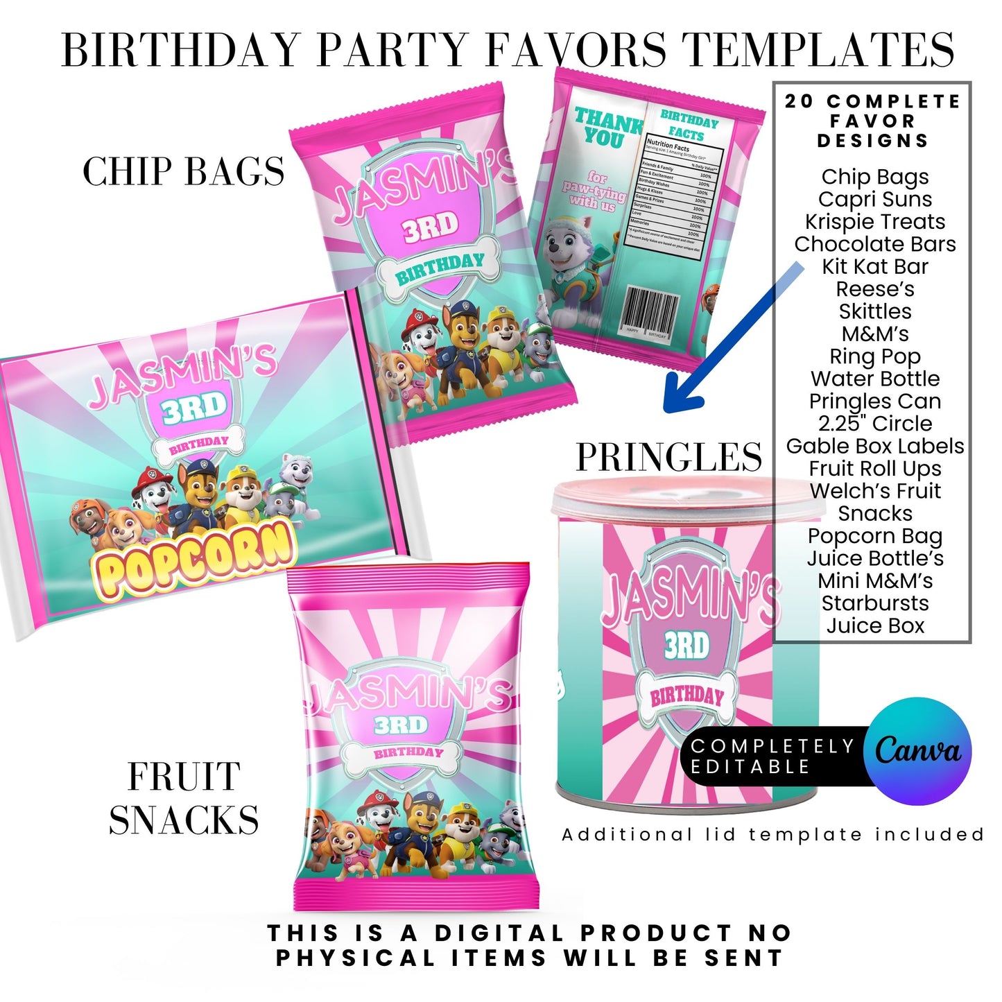 Pink Puppy Patrol Birthday Party Favor Templates Bundle