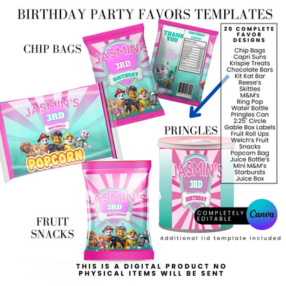 Pink Puppy Patrol Birthday Party Favor Templates Bundle