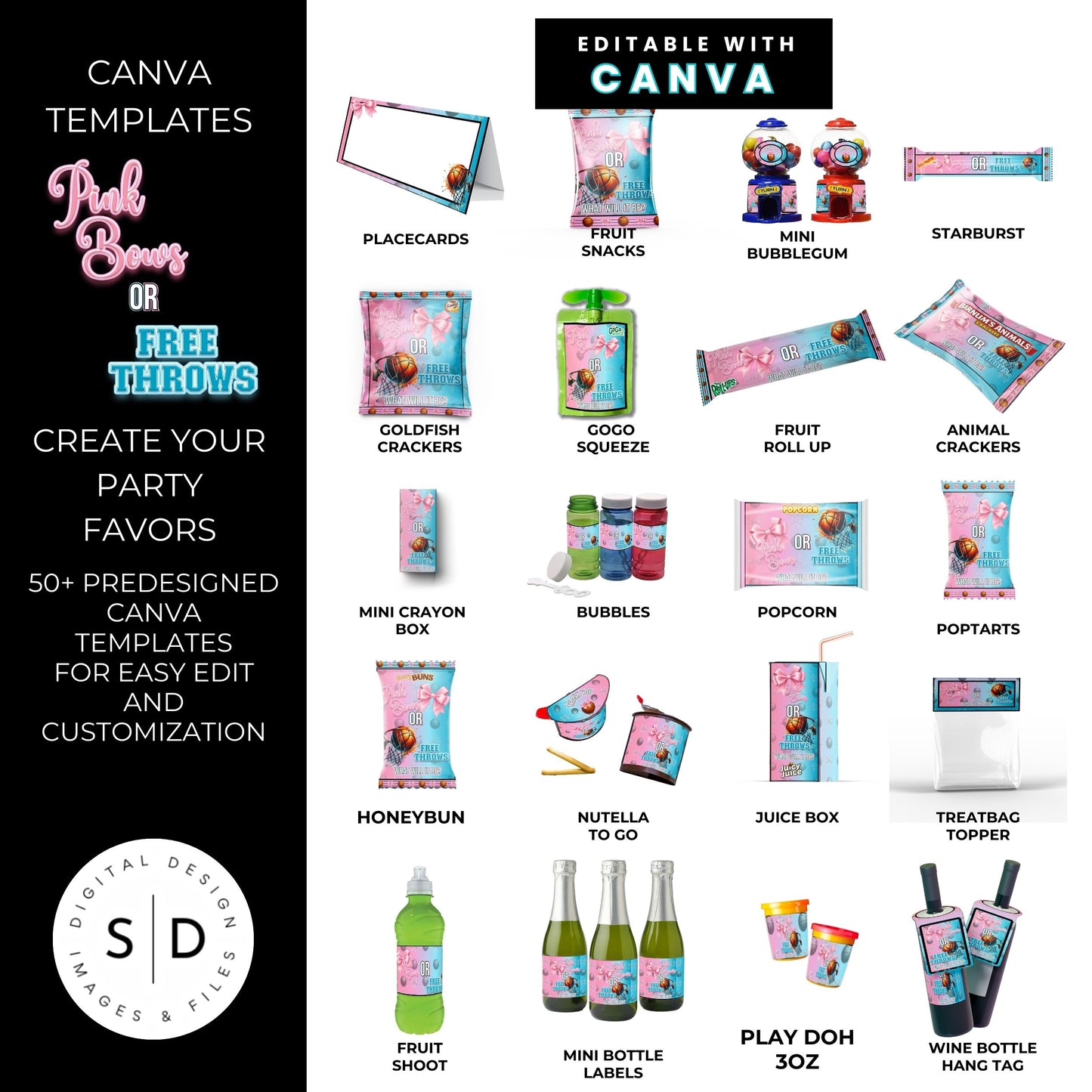 Pink Bows or Free Throws Gender Reveal Party Favor Canva Template Bundle