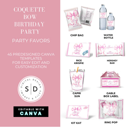 Pink Coquette Bow Party Favor Canva Template Bundle 🎀✨